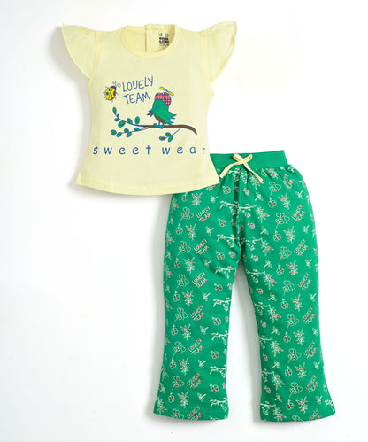 Sweet Bird Short Sleeves Top & Bootcut Pant Set | Green