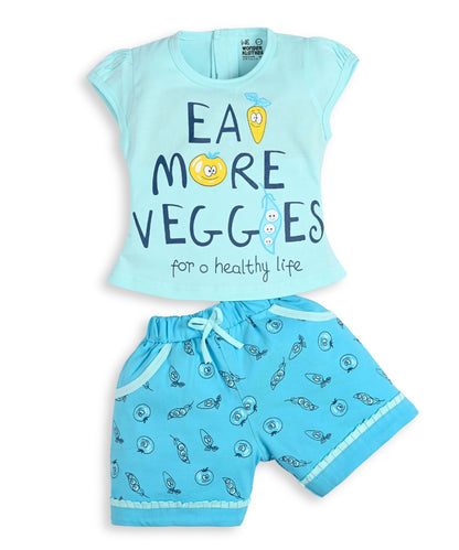 Eat More Veggies Short Sleeves Top & Hot Pant Set | Blue