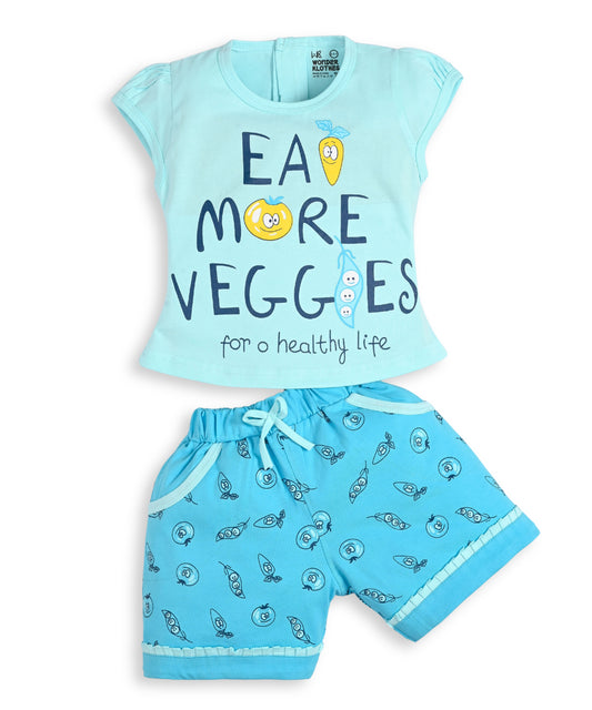 Eat More Veggies Short Sleeves Top & Hot Pant Set | Blue