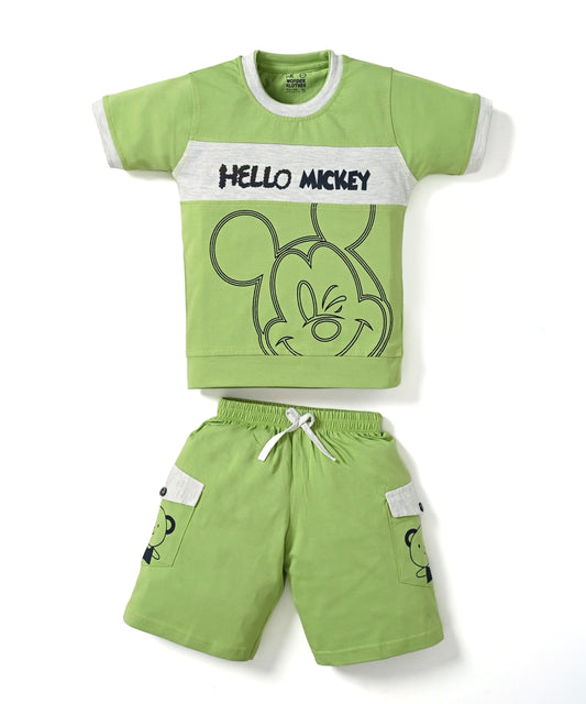 Hello Mickey Half Sleeves T-Shirt & Shorts Set | Green