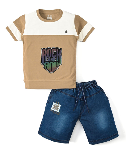 Rock and Roll Premium Half Sleeves T-Shirt & Denim Shorts Set | Brown