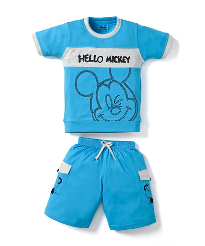 Hello Mickey Half Sleeves T-Shirt & Shorts Set | Blue