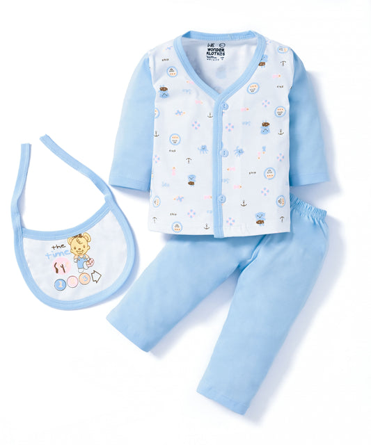Sea Ship Full Sleeves Front Open T-Shirt & Pyjama Set with Bib | Blue