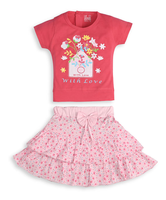 With Love Half Sleeves Top & Skirt Set | Pink