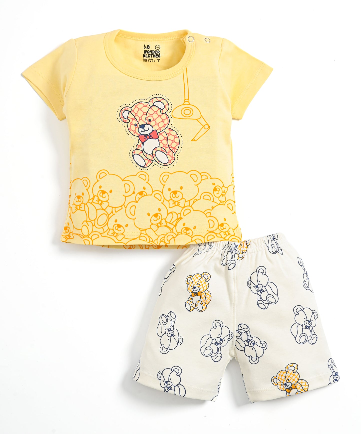 Teddy Bear Half Sleeves Shoulder Open T-Shirt & Half Pant Set | Yellow