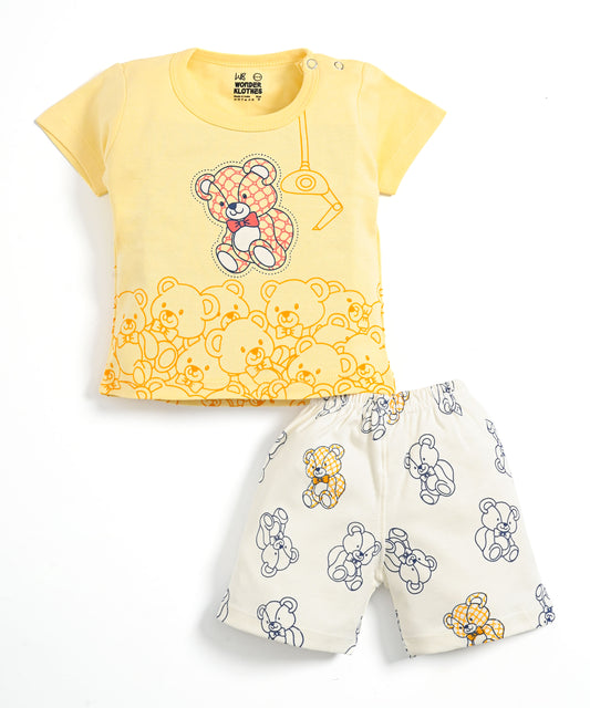 Teddy Bear Half Sleeves Shoulder Open T-Shirt & Half Pant Set | Yellow