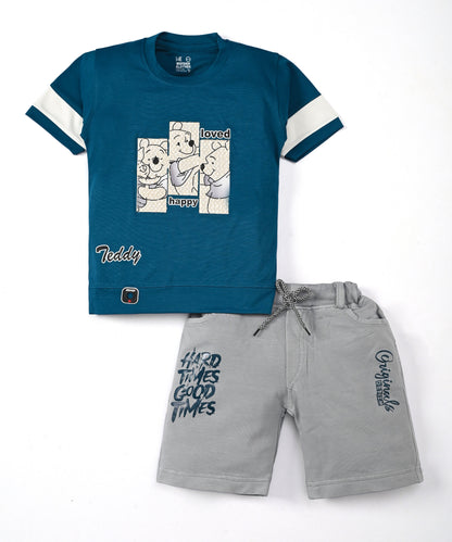 Happy Teddy Premium Half Sleeves T-Shirt & RFD Shorts Set | Blue