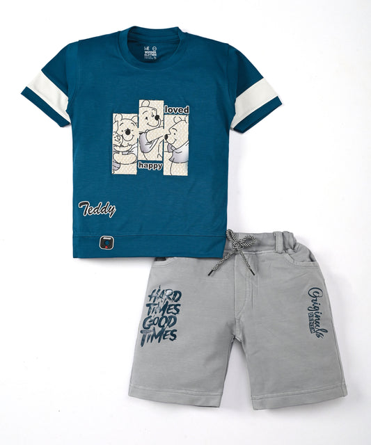 Happy Teddy Premium Half Sleeves T-Shirt & RFD Shorts Set | Blue