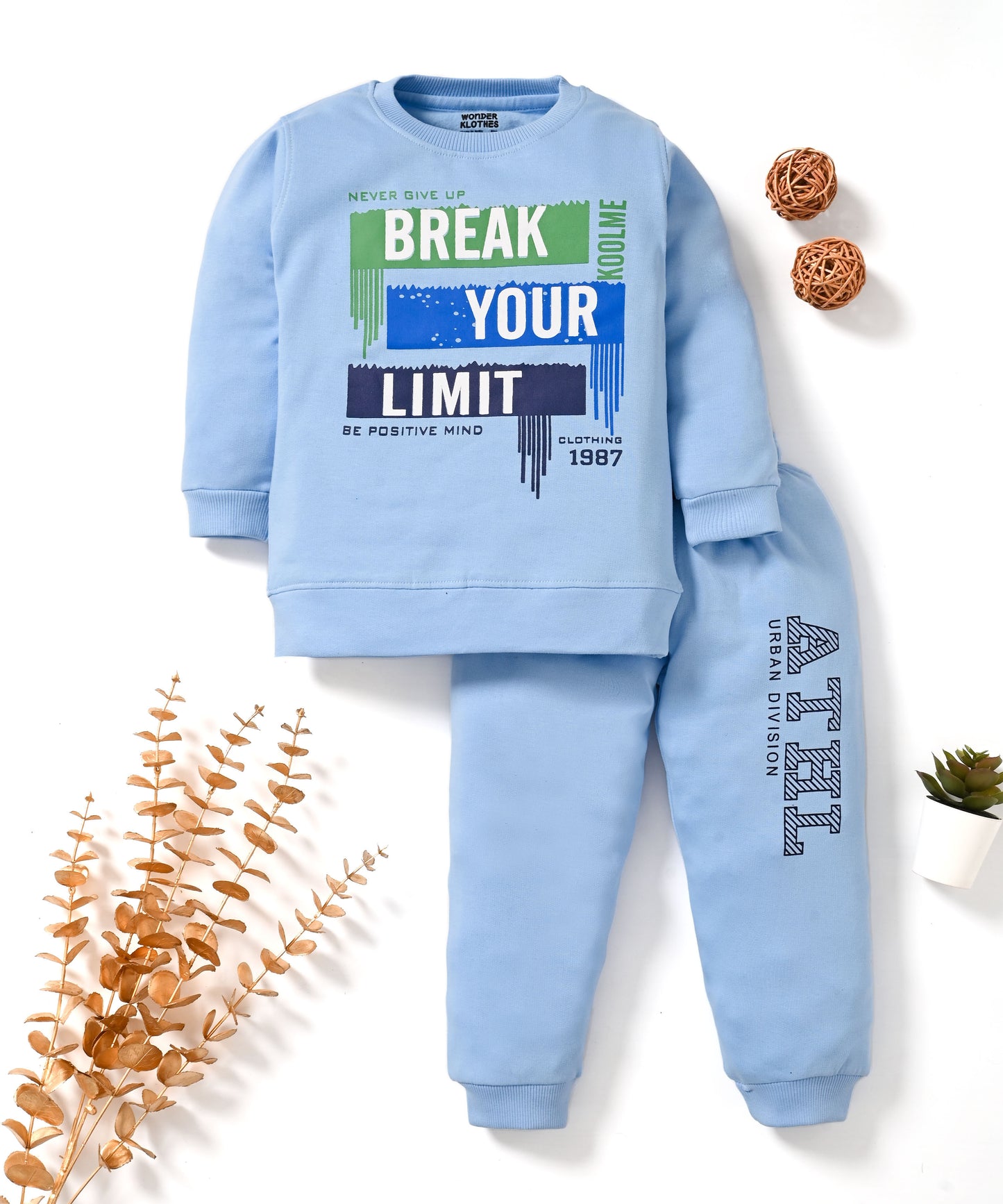 Break Your Limit Full Sleeves Fleece Sweatshirt and Joggers Set | Blue