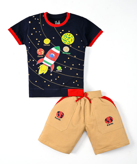 Space Explorer Half Sleeves T-Shirt & Shorts Set | Red