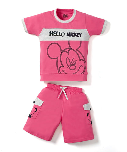 Hello Mickey Half Sleeves T-Shirt & Shorts Set | Pink