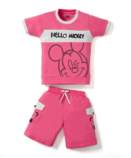 Hello Mickey Half Sleeves T-Shirt & Shorts Set | Pink