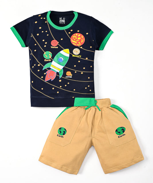 Space Explorer Half Sleeves T-Shirt & Shorts Set | Green