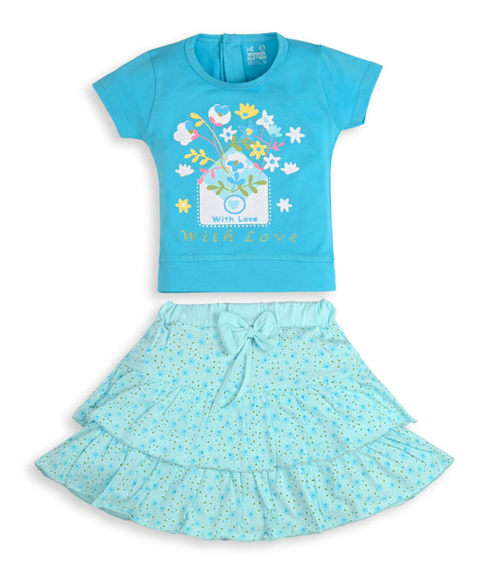 With Love Half Sleeves Top & Skirt Set | Blue