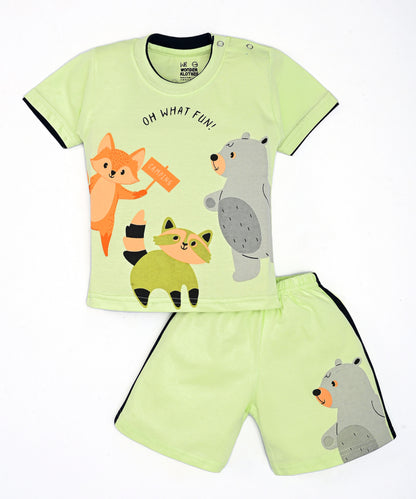 Oh What Fun Half Sleeves Shoulder Open T-Shirt & Half Pant Set | Green