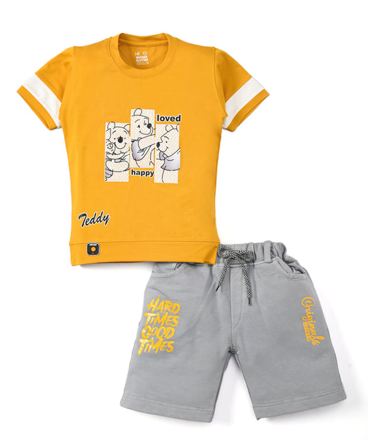 Happy Teddy Premium Half Sleeves T-Shirt & RFD Shorts Set | Yellow