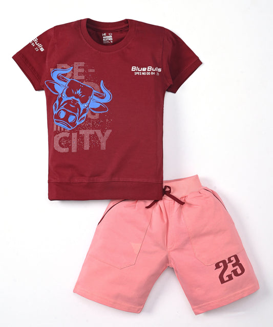 Bulls City Half Sleeves T-Shirt & Shorts Set | Maroon