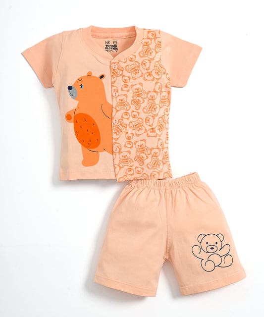 Cute Bear Half Sleeves Front Open T-Shirt & Half Pant Set | Orange