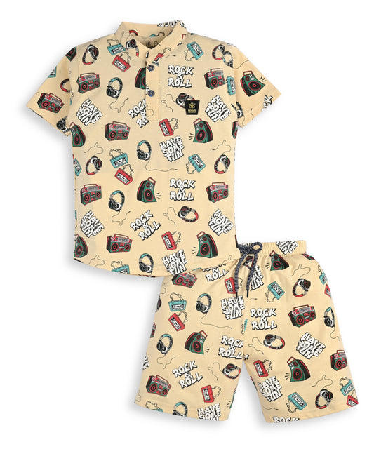 Music Gadgets Half Sleeves T-Shirt & Shorts Set | Beige