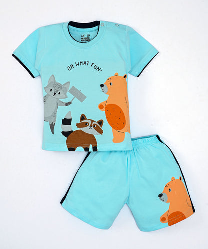 Oh What Fun Half Sleeves Shoulder Open T-Shirt & Half Pant Set | Blue