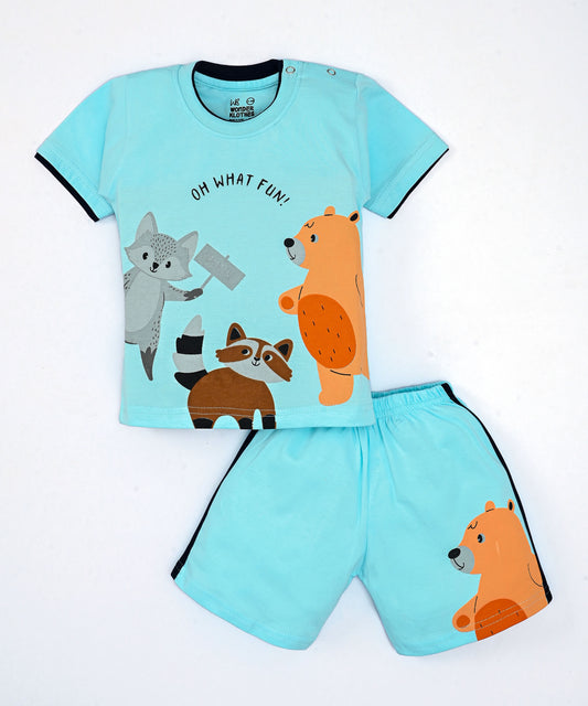 Oh What Fun Half Sleeves Shoulder Open T-Shirt & Half Pant Set | Blue