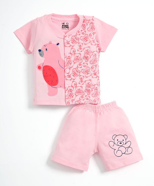 Cute Bear Half Sleeves Front Open T-Shirt & Half Pant Set | Pink