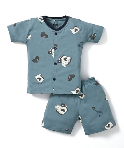 Love Mugs Half Sleeves Front Open T-Shirt & Half Pant Set