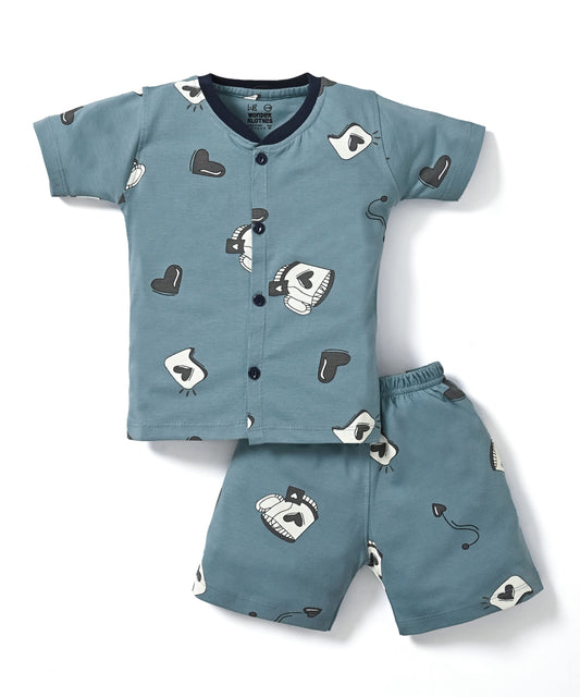 Love Mugs Half Sleeves Front Open T-Shirt & Half Pant Set