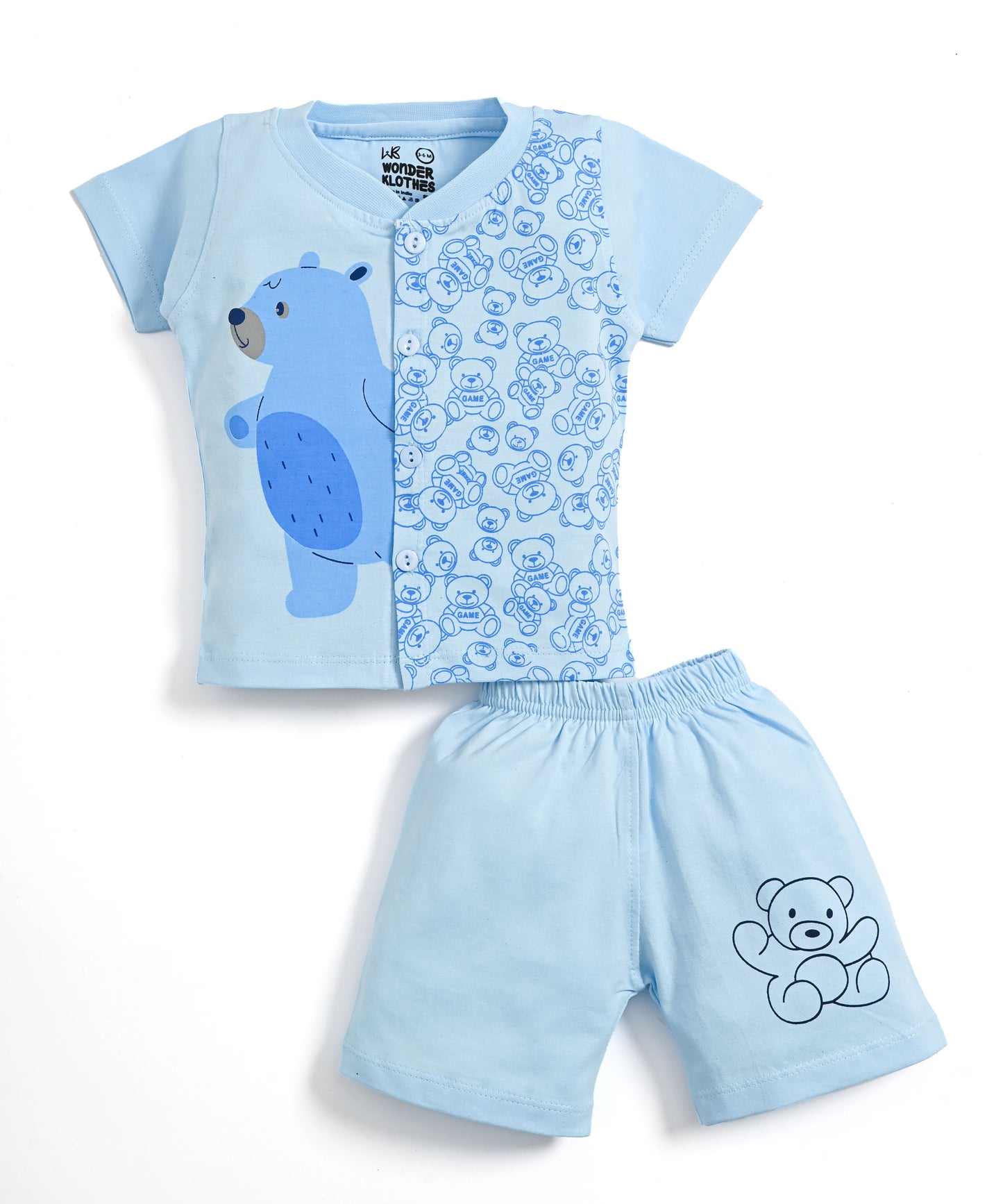 Cute Bear Half Sleeves Front Open T-Shirt & Half Pant Set | Blue