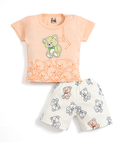 Teddy Bear Half Sleeves Shoulder Open T-Shirt & Half Pant Set | Orange