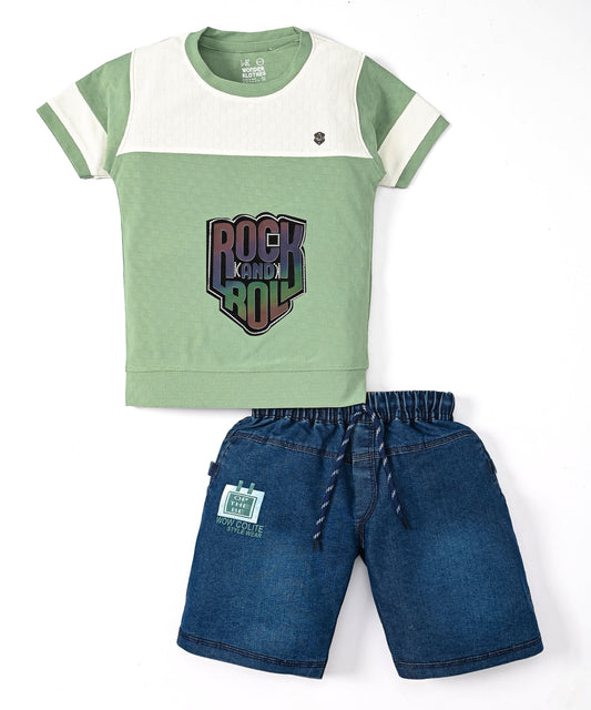 Rock and Roll Premium Half Sleeves T-Shirt & Denim Shorts Set | Green