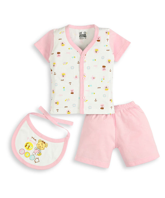 Sea Ship Half Sleeves Front Open T-Shirt & Half Pant Set with Bib | Pink