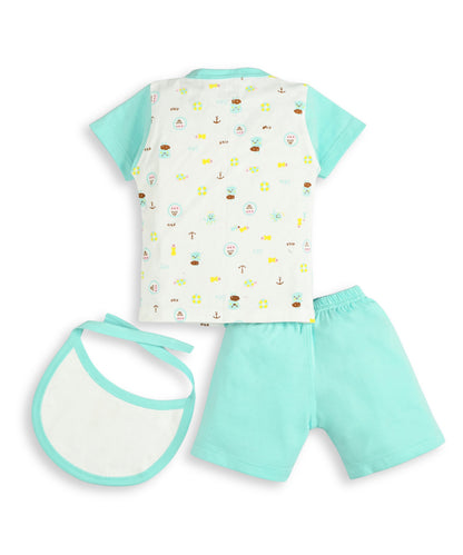 Sea Ship Half Sleeves Front Open T-Shirt & Half Pant Set with Bib | Blue