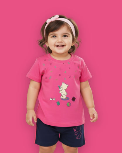 Teddy Alphabet Half Sleeves T-Shirt & Half Pant Set | Pink
