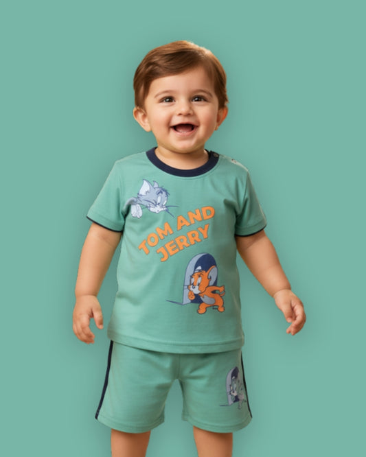 Tom and Jerry Half Sleeves T-Shirt & Half Pant Set | Green
