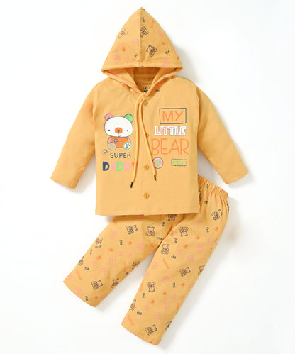 Little Bear Full Sleeves Front Open Hooded T-Shirt & Pyjama Set | Yellow