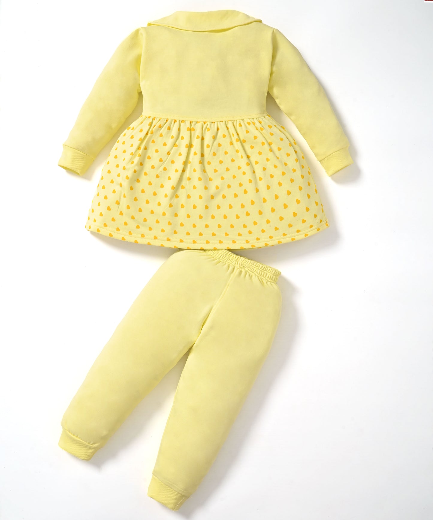 Smiley Child Full Sleeves Front Open Frock and Joggers Set | Yellow