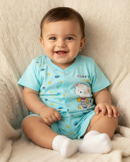 Happy Bear Half Sleeves Front Open T-Shirt & Half Pant Set | Blue