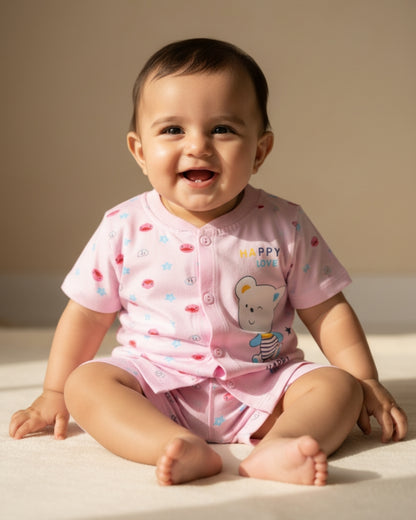 Happy Bear Half Sleeves Front Open T-Shirt & Half Pant Set | Pink