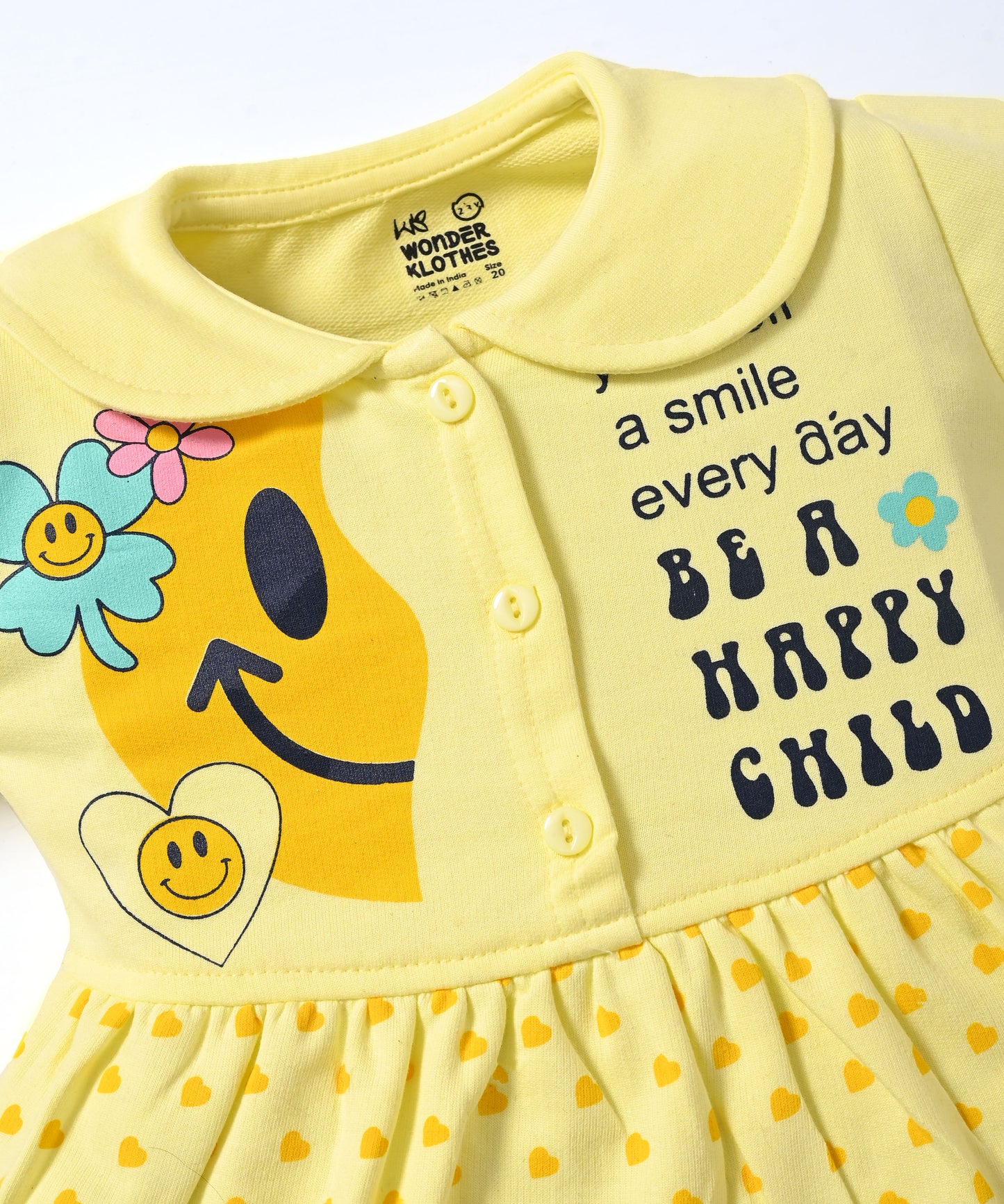 Smiley Child Full Sleeves Front Open Frock and Joggers Set | Yellow