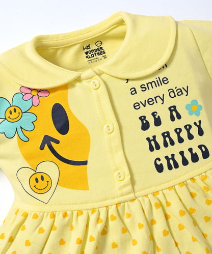 Smiley Child Full Sleeves Front Open Frock and Joggers Set | Yellow