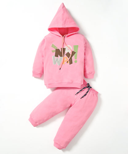 No Way Full Sleeves Fleece Hooded Sweatshirt and Joggers Set | Pink