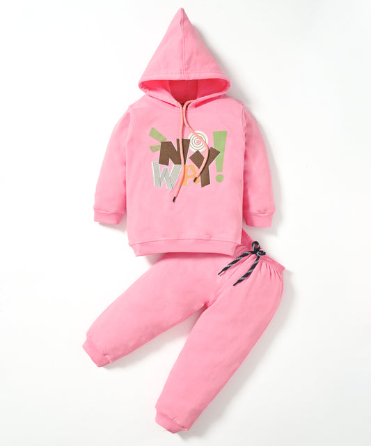 No Way Full Sleeves Fleece Hooded Sweatshirt and Joggers Set | Pink