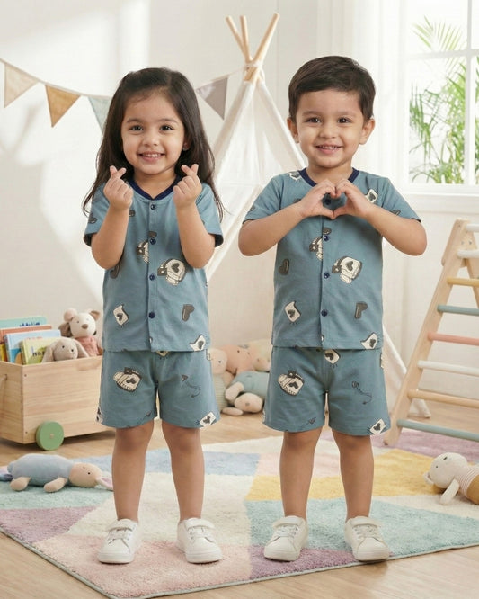 Love Mugs Half Sleeves Front Open T-Shirt & Half Pant Set