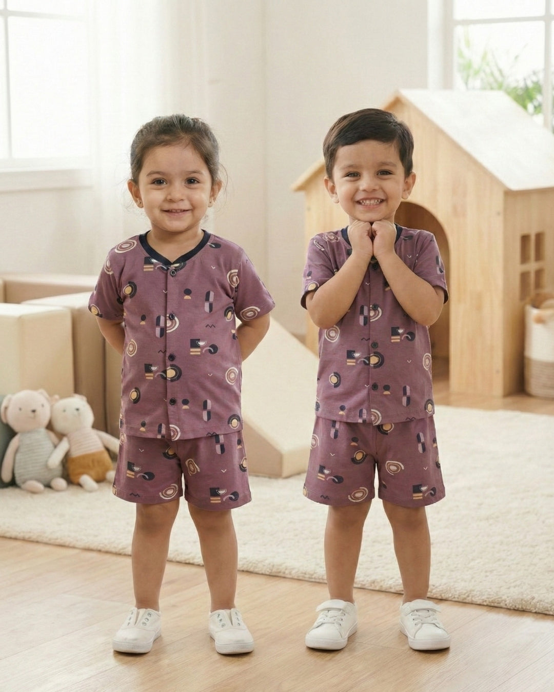 Artsy Shapes Half Sleeves Front Open T-Shirt & Half Pant Set