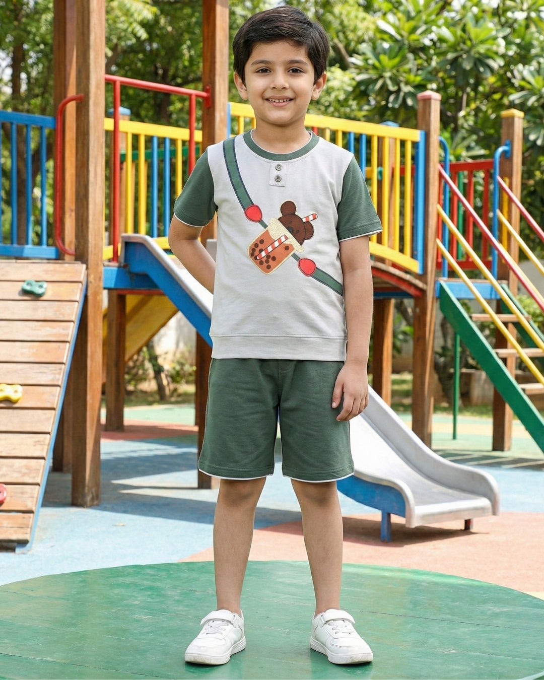 Boba Bear Half Sleeves T-Shirt & Shorts Set | Green