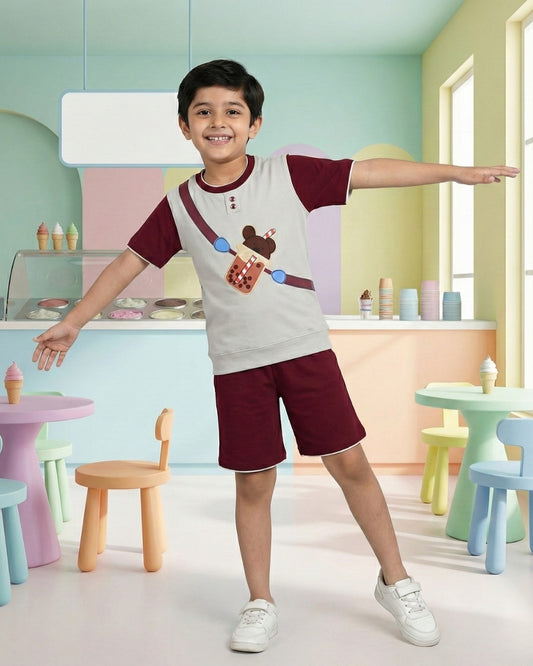 Boba Bear Half Sleeves T-Shirt & Shorts Set | Maroon