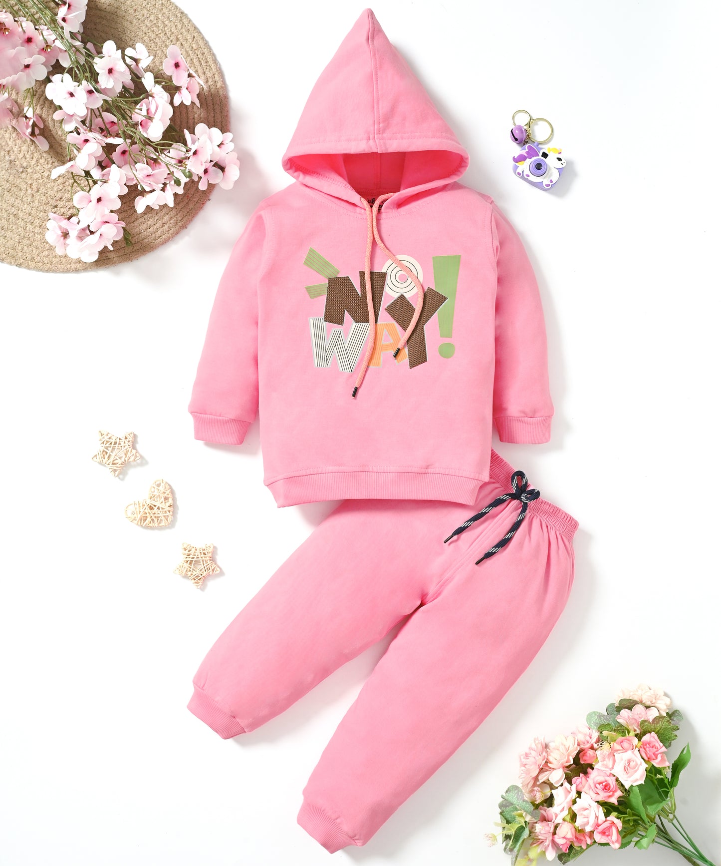 No Way Full Sleeves Fleece Hooded Sweatshirt and Joggers Set | Pink