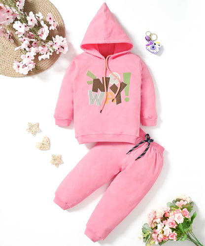 No Way Full Sleeves Fleece Hooded Sweatshirt and Joggers Set | Pink