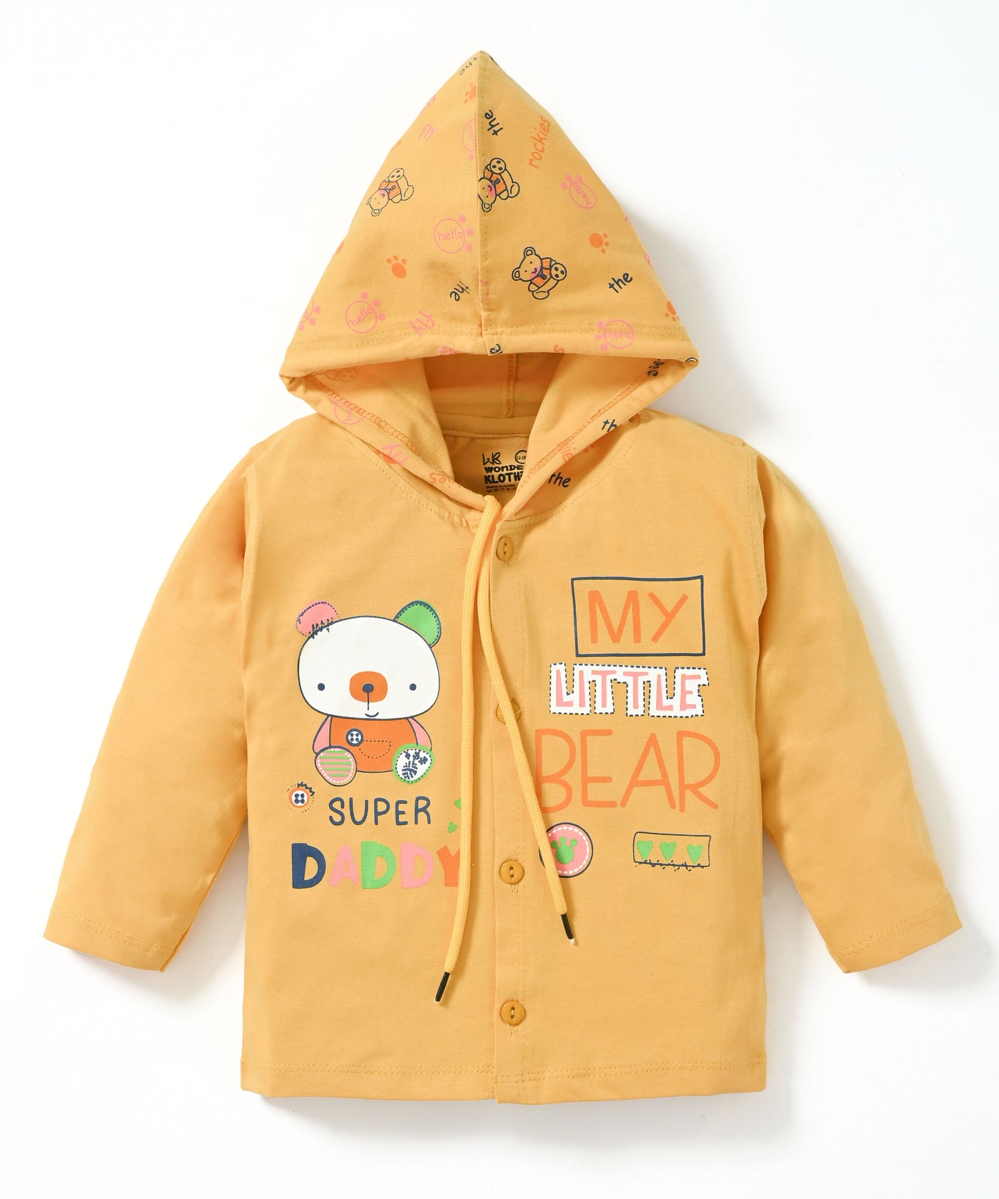 Little Bear Full Sleeves Front Open Hooded T-Shirt & Pyjama Set | Yellow